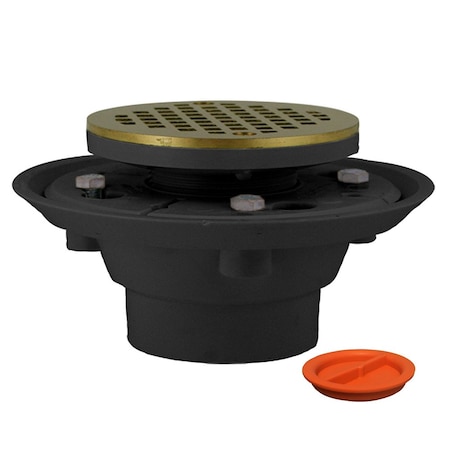 Jones Stephens 2inX3in PVC Shower Drain, 2in PVC Spud, 4in Round Polished Brass Cast Strainer, Test Plug D50132TP